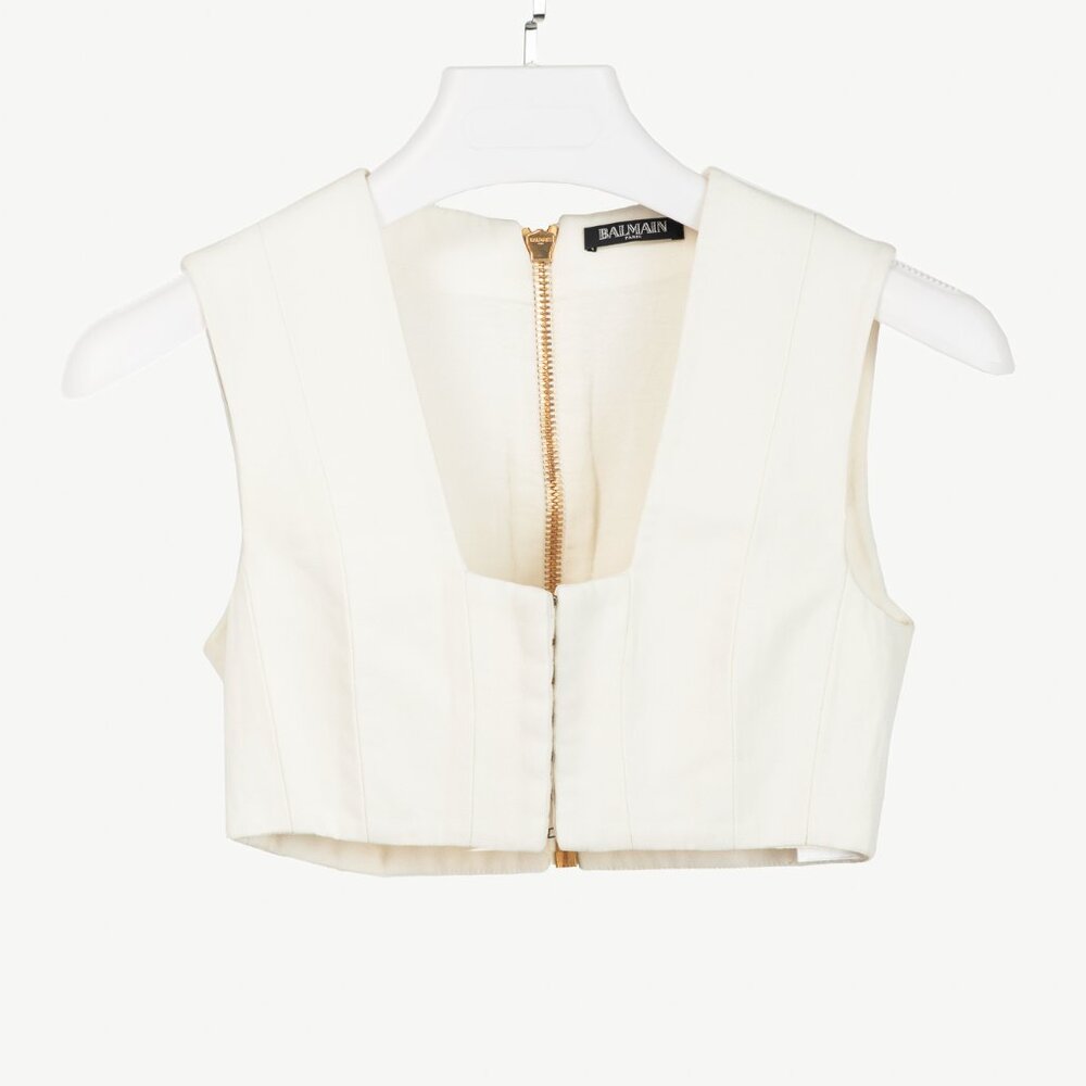 Balmain White Crepe Square-Neck Cropped Bustier